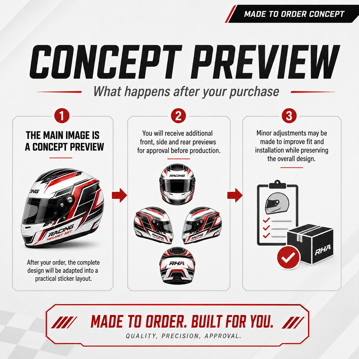 Concept helmet sticker kit development with front, side and rear previews supplied for approval