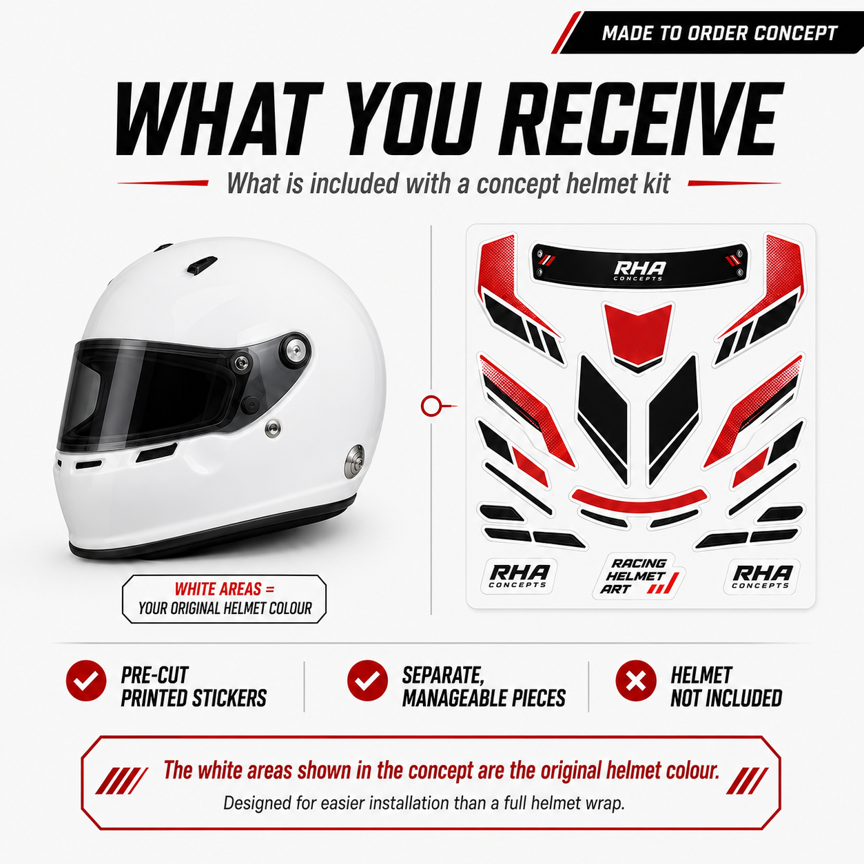 White racing helmet and separate pre-cut printed helmet sticker pieces, helmet not included